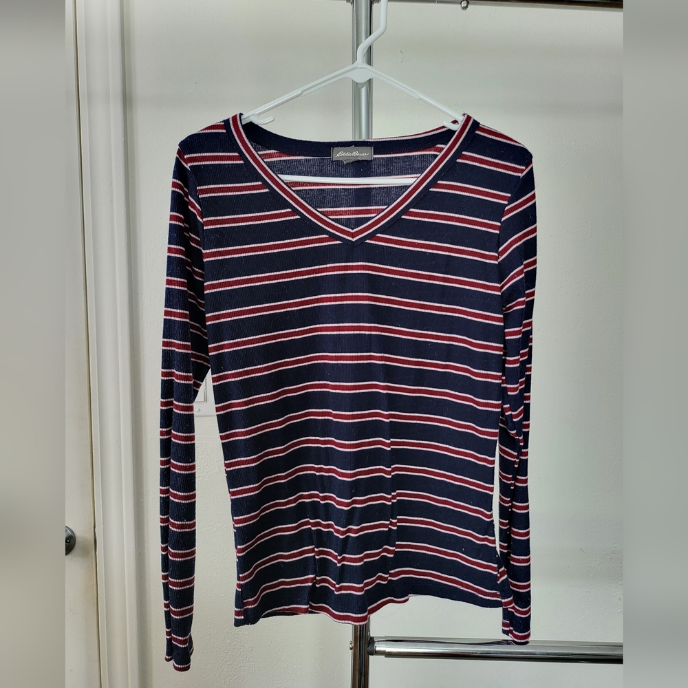 Navy Striped V-Neck Top